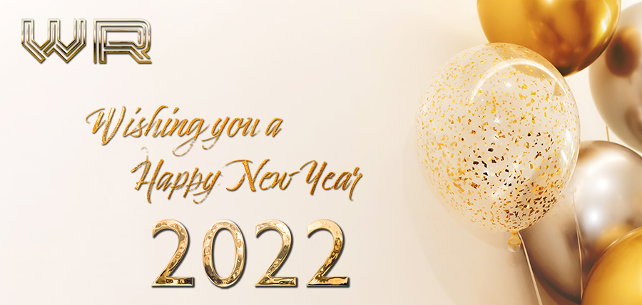 Graphic with festive gold baloons and text reading "Wishing you a Happy New Year 2022"