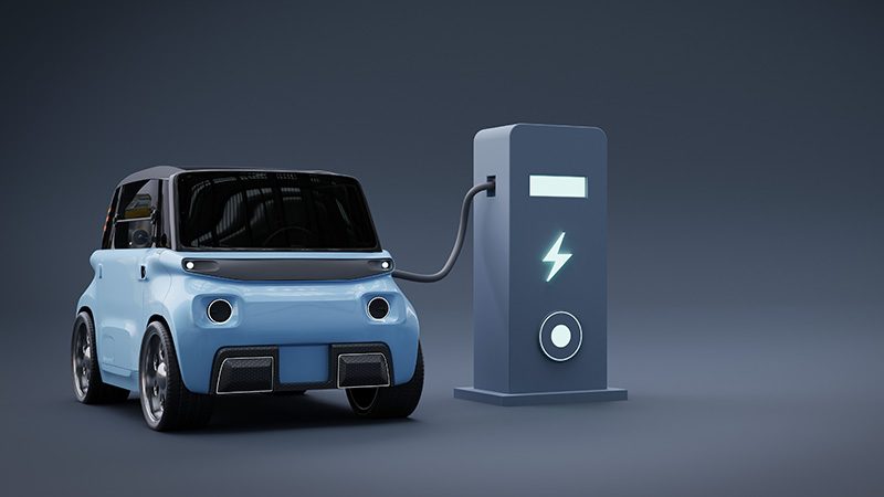 Charging power to electric vehicle EV car,Electric car at charging station.3d rendering